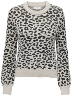 Pull beige à motif léopard pourvu d'un col rond et de manches longues