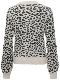 Pull beige à motif léopard pourvu d'un col rond et de manches longues