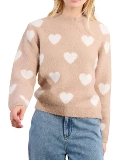 Pull beige à motifs coeurs avec une coupe droite et un col rond