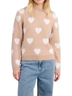 Pull beige à motifs coeurs avec une coupe droite et un col rond