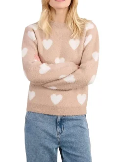 Pull beige à motifs coeurs avec une coupe droite et un col rond