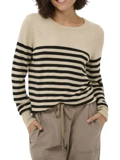 Pull beige à rayures pourvu d'un col rond et de manches longues