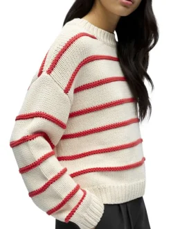 Pull beige à rayures pourvu d'une coupe droite et de manches longues