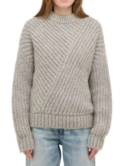 Pull beige uni avec un col rond côtelé et des manches longues