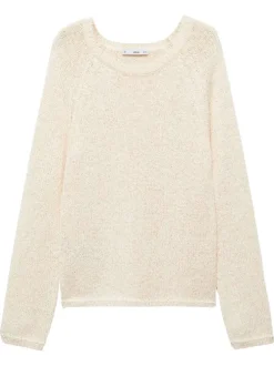 Pull beige uni avec une coupe droite à col rond et des manches longues