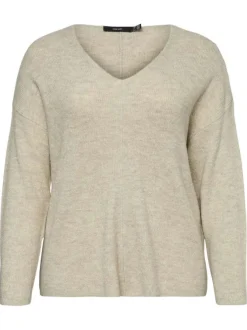 Pull beige uni avec une coupe droite des manches longues et un col v