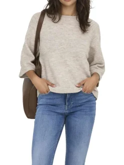Pull beige uni à coupe droite avec un col rond et des manches 3/4