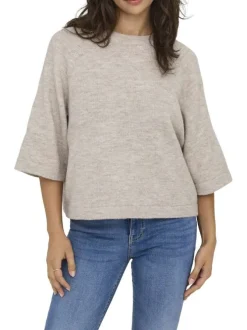 Pull beige uni à coupe droite avec un col rond et des manches 3/4