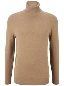 Pull beige uni coupe près du corps col roulé