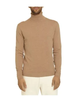 Pull beige uni coupe près du corps col roulé