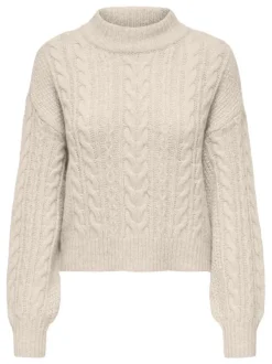 Pull beige uni droit, col montant et à manches longues en mailles tressées