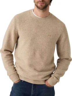 Pull beige uni en laine avec un col rond et logo de la marque sur la poitrine