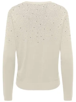 Pull beige uni pourvu d'un col rond côtelé et de manches longues