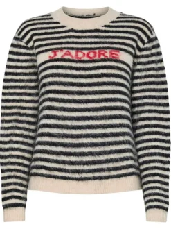 Pull blanc et noir motif marinière avec col rond et manches longues