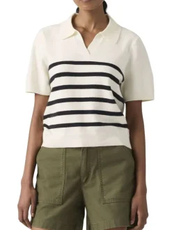 Pull blanc et noir à rayures pourvu d'un col polo et de manches courtes