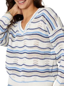 Pull blanc à rayures pourvu d'une coupe droite et de manches longues