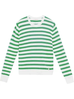 Pull blanc à rayures vertes avec une coupe droite et un col rond
