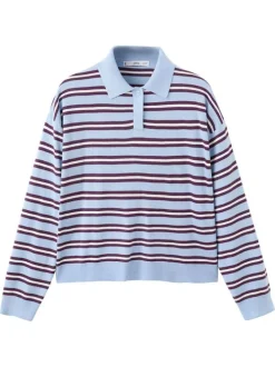 Pull bleu ciel à rayures avec une coupe droite et des manches longues