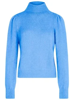 Pull bleu en maille côtelée à coupe droite avec un col montant