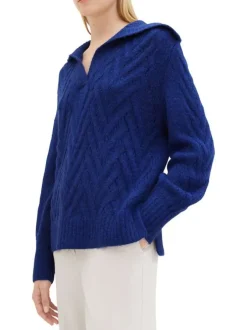 Pull bleu éléctrique uni à coupe droite un col à rabat et des manches longues