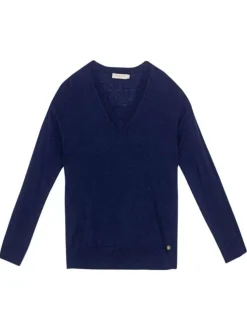 Pull bleu marine en maille fine à coupe droite avec col v et manches longues