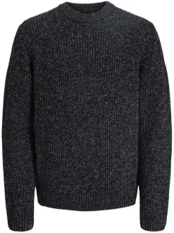 Pull bleu marine en maille tricotée avec une coupe droite et un col rond
