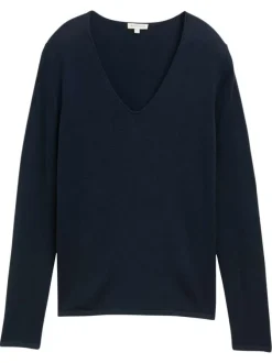 Pull bleu marine uni avec une coupe ajustée et un col v arrondi