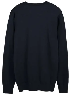Pull bleu marine uni en maille avec un col rond et une coupe droite