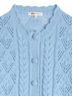 Pull bleu pourvu d'un col rond festonné et d'une fermeture boutonnée