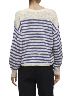 Pull bleu rayé avec une coupe droite à col v et des manches longues