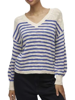 Pull bleu rayé avec une coupe droite à col v et des manches longues