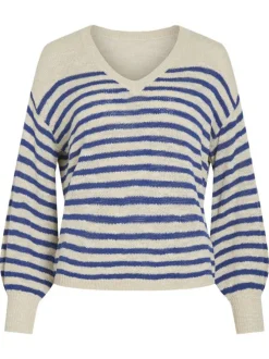 Pull bleu rayé avec une coupe droite à col v et des manches longues