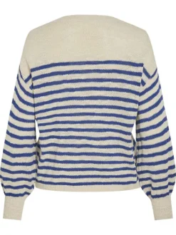Pull bleu rayé avec une coupe droite à col v et des manches longues
