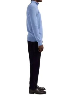 Pull bleu uni droit avec un col camionneur zippé et à manches longues