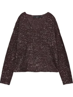 Pull bordeaux fantaisie brodé de sequins argentés avec un léger col v