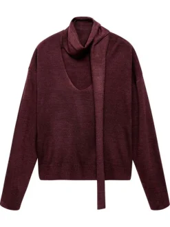 Pull bordeaux uni pourvu col montant écharpe et de manches longues