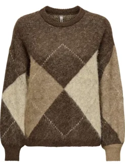 Pull brun imprimé avec une coupe droite à col rond et des manches longues