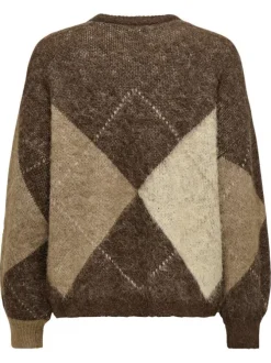 Pull brun imprimé avec une coupe droite à col rond et des manches longues