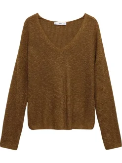 Pull brun uni avec un col v à coupe droite et des manches longues