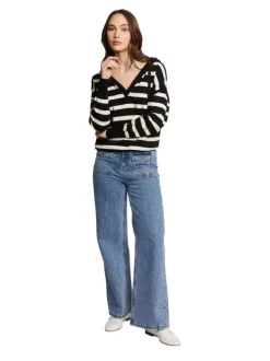 Pull à capuche rayé noir et blanc à coupe ample avec col v et manches longues