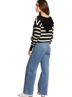 Pull à capuche rayé noir et blanc à coupe ample avec col v et manches longues