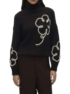 Pull chocolat orné d'un motif floral avec un col roulé côtelé
