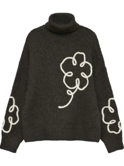Pull chocolat orné d'un motif floral avec un col roulé côtelé