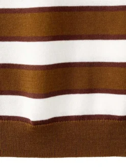 Pull chocolat à rayures blanches avec une coupe droite et un col rond