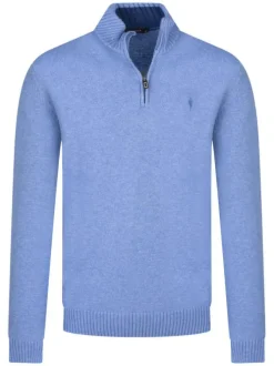 Pull ciel uni coupe droite à col montant et zippé et avec manches longues