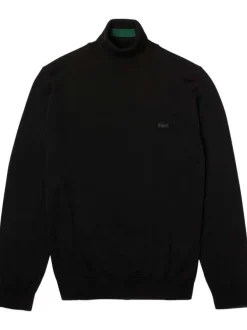 Pull col roulé en laine noir avec crocodile brodé à la poitrine gauche