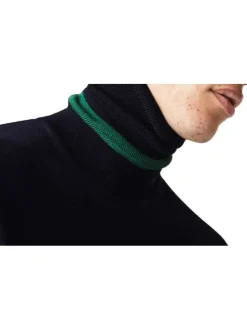 Pull col roulé marine en laine avec crocodile brodé à la poitrine gauche