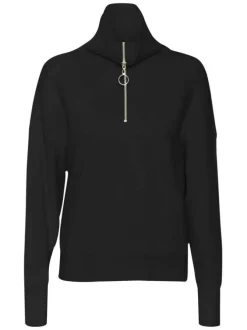 Pull à col roulé zippé noir uni avec une coupe droite et des fentes