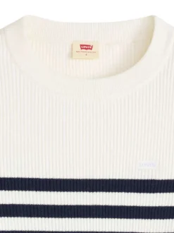 Pull écru au motif rayé avec un col v côtelé et des manches longues
