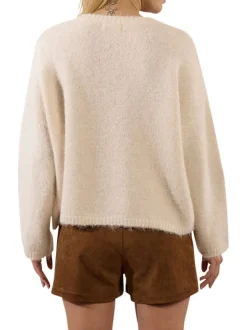 Pull écru avec des fleurs et sequins dorés à coupe droite et à col rond